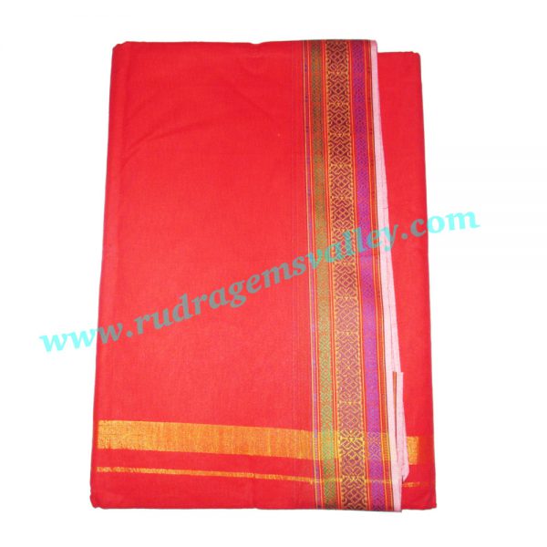 Pure cotton Indian traditional dhoti, 4.5 meter or 5 guz long plain dhoty, with border multi color cotton dhoti-red. Weight approx 100 grams, pack of 1 piece.