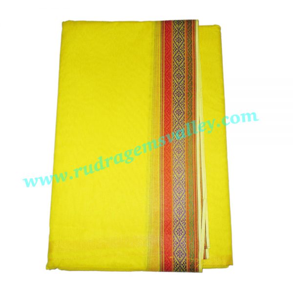 Pure cotton Indian traditional dhoti, 4.5 meter or 5 guz long plain dhoty, with border multi color cotton dhoti-yellow. Weight approx 100 grams, pack of 1 piece.