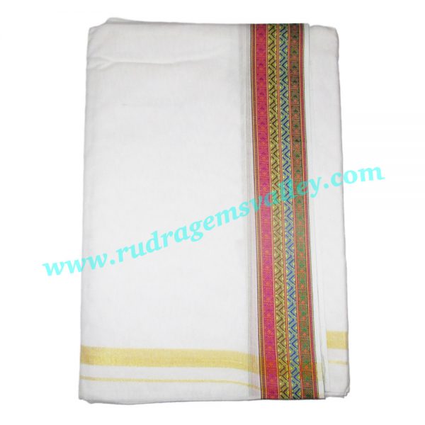 Pure cotton Indian traditional dhoti, 4.5 meter or 5 guz long plain dhoty, with border multi color cotton dhoti-white with matching dupatta (angavastram, uttariya, pardani, gamachha). Weight approx 150 grams, pack of 1 set.