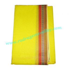 Pure cotton Indian traditional dhoti, 4.5 meter or 5 guz long plain dhoty, with border multi color cotton dhoti-yellow with matching dupatta (angavastram, uttariya, pardani, gamachha). Weight approx 150 grams, pack of 1 set.
