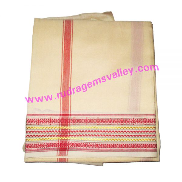 Cotton mix Indian traditional plain dhoti, 4.5 meter or 5 guz long, wide border colorfull cotton-mixed dhoti with matching angavastram. Weight approx 160 grams, pack of 1 piece.
