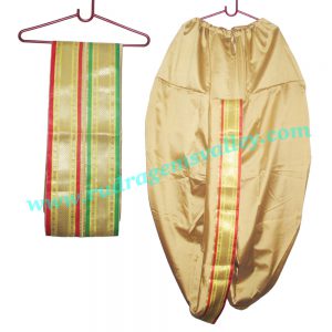 Silk Indian traditional readymade colorfull dhoti, wide golden border, with angavastraram set. Weight approx 200 grams, pack of 1 piece.