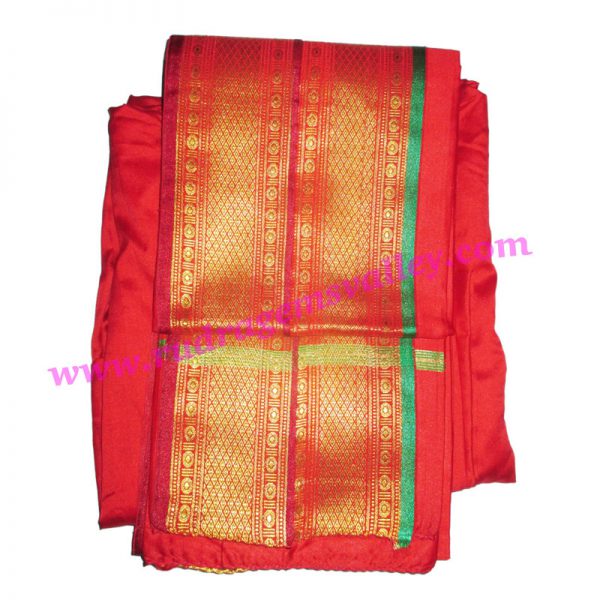 Silk Indian traditional plain colorfull dhoti, 4.5 meter or 5 guz long, wide golden border, with angavastraram set. Weight approx 200 grams, pack of 1 piece.
