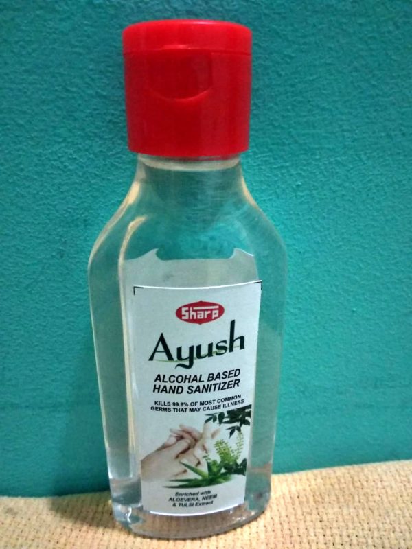 Sharp Ayush Alchohal based hand sanitizer, enriched with aloevera, need and tulsi extracts, kills 99.9 percent of most common germs that may cause illness.
