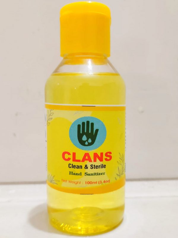 CLANS clean and sterile hand sanitizer, alcohol based sanitizer, isopropyl alcohol 75 percent, propylene glycol 1.45 percent, hydrogen peroxide 0.125 percent. Pack of 100 ml