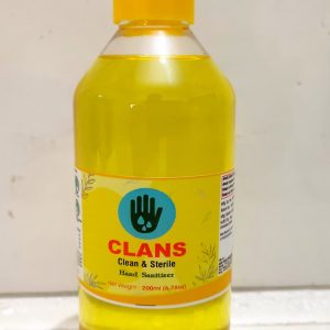 CLANS clean and sterile hand sanitizer, alcohol based sanitizer, isopropyl alcohol 75 percent, propylene glycol 1.45 percent, hydrogen peroxide 0.125 percent. Pack of 200 ml