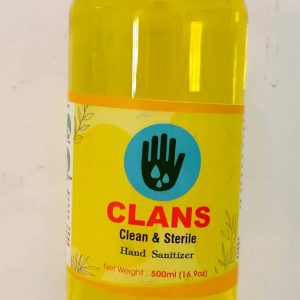 CLANS clean and sterile hand sanitizer, alcohol based sanitizer, isopropyl alcohol 75 percent, propylene glycol 1.45 percent, hydrogen peroxide 0.125 percent. Pack of 500 ml
